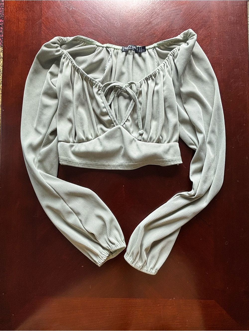 Nasty Gal Green Ribbed Long Sleeve Crop Top with Front Tie